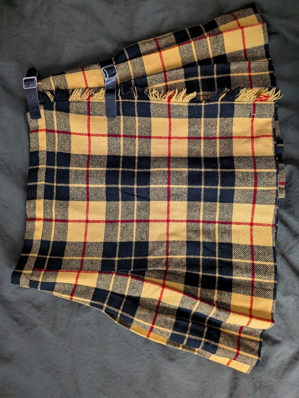 Scottish Plaid Wool Wrap Skirt - Yellow/Navy Adult Small Made In Scotland